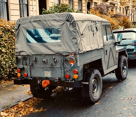 Traditional old historical english military vehicle at street of glasgow scotland england uk