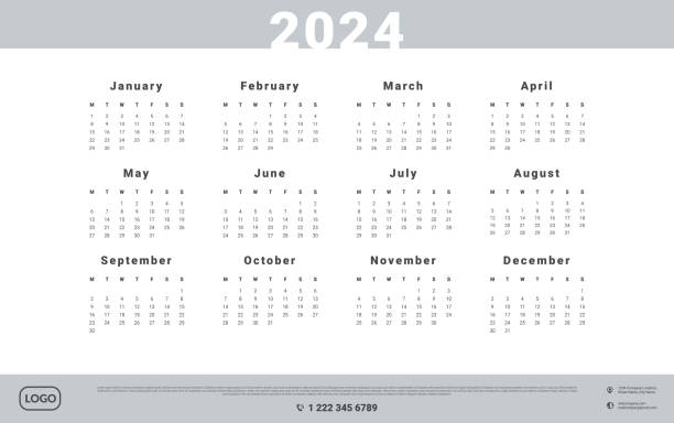 illustrations, cliparts, dessins animés et icônes de modèle de calendrier 2024 avec place pour les contacts et le logo de l’entreprise. disposition vectorielle d’un mur ou d’un bureau calendrier simple avec début de semaine lundi. - calendrier 2024