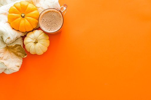 Autumn backgrounds: hot chocolate or coffee cup, gourds, dry leaves shot from above on orange background. The composition is at the left of an horizontal frame leaving useful copy space for text and/or logo at the right. High resolution 42Mp studio digital capture taken with SONY A7rII and Zeiss Batis 40mm F2.0 CF lens