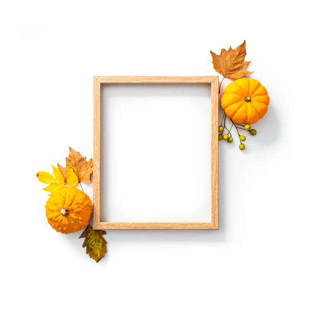 Autumn backgrounds: picture frame, gourds and dry leave shot on white. Copy space for text and/or logo. High resolution 42Mp studio digital capture taken with SONY A7rII and Zeiss Batis 40mm F2.0 CF lens