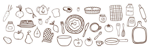 istock Vector set of hand drawn food, vegetables, fruits  and kitchen items in doodle style. 1435571104