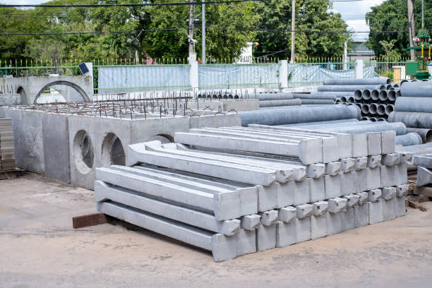 prefabricated concrete pillars, building material,cement pillars stock photo