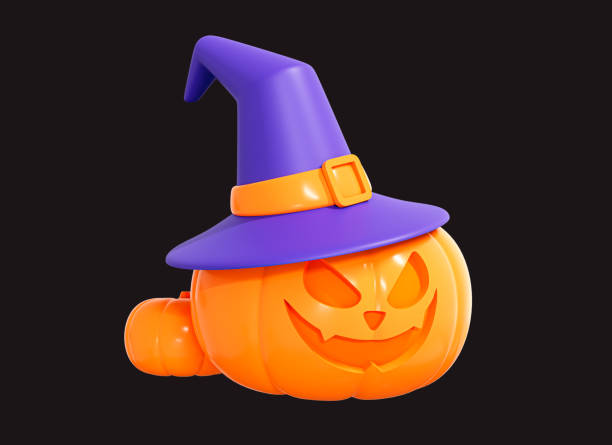 istock 3D Halloween Pumpkin with witch hat. Jack O Lantern. Decoration element for banner and poster. Horror party festival. Cartoon creative design illustration isolated on black background. 3D Rendering 1435575017