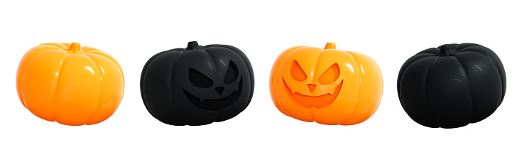 3D Set of Pumpkins. Happy Halloween decoration element for banner and poster. Jack o Lantern. Scary pumpkin head with smile. Cartoon creative design icon isolated on white background. 3D Rendering
