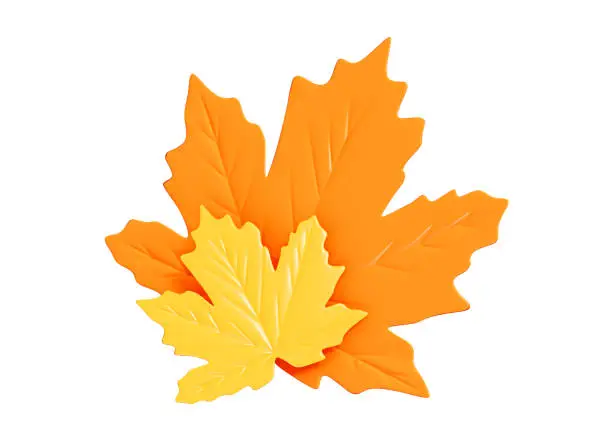 Photo of 3D Orange and yellow leaves. Autumn maple leaf. Golden fall. Realistic element for banner and poster. Season decoration. Cartoon creative design icon isolated on white background. 3D Rendering