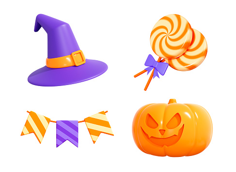 3D Halloween set of decorative elements for design. Pumpkin, witch hat, festival ribbon and candy lollipops. Trick or treat. Cartoon creative design icon isolated on white background. 3D Rendering