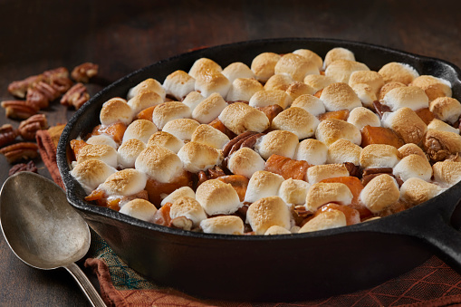 Sweet Potato Casserole with Cashews and Marshmallows