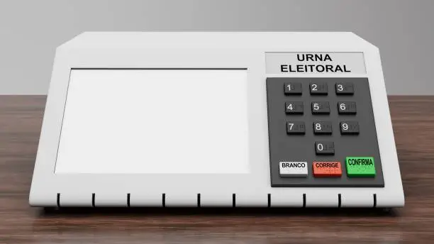 3d rendering of Brazilian electronic ballot box on top of wooden table, with empty white screen for text or image, written in Portuguese: "electoral urn", "white", "correct" and "confirm".