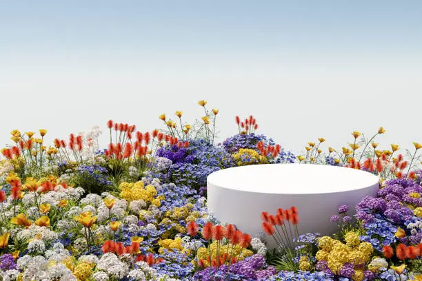 Photo of 3D rendering, Platform and natural podium background on colorful flowers field with sky for product  stand display advertising cosmetic beauty products or skincare with empty round stage