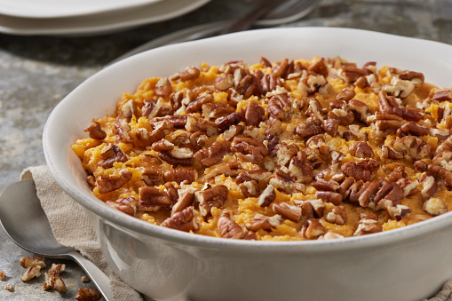 Preparing Sweet Potato Casserole with  Candied Cashews