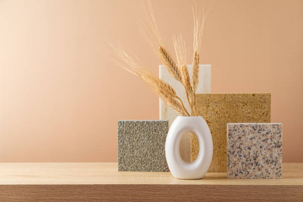 istock Modern still life with vase, wheat and stones. Abstract composition for interior design background 1435584294