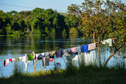 A clothes line on the banks of the Guaporé - Itenez river in the small, remote village of Mateguá, Beni Department, Bolivia, on the border with Rondonia state, Brazil