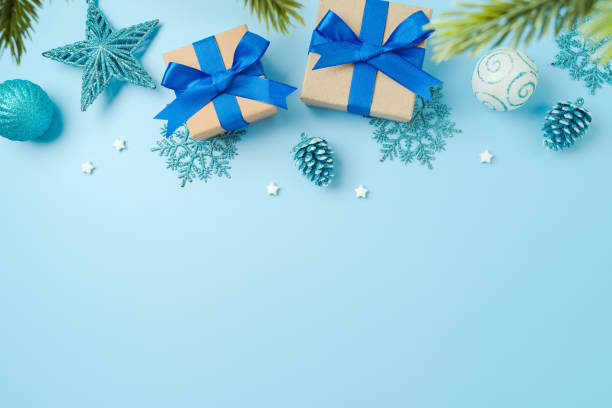 istock Merry Christmas background with gift boxes and blue decorations. Top view, flat lay 1435586938
