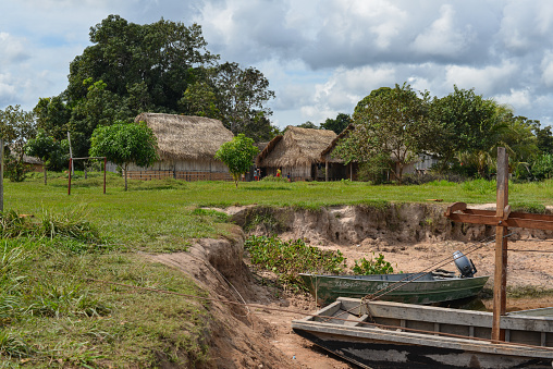 The remote, traditional village of Ricardo Franco on the banks of the Guaporé - Itenez river, Vale do Guaporé Indigenous Land, Rondonia, Brazil, on the border with the Beni Department, Bolivia