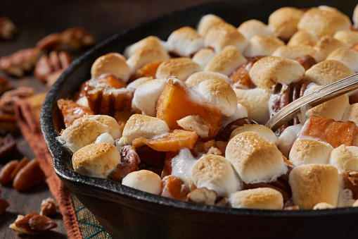 Sweet Potato Casserole with Cashews and Marshmallows