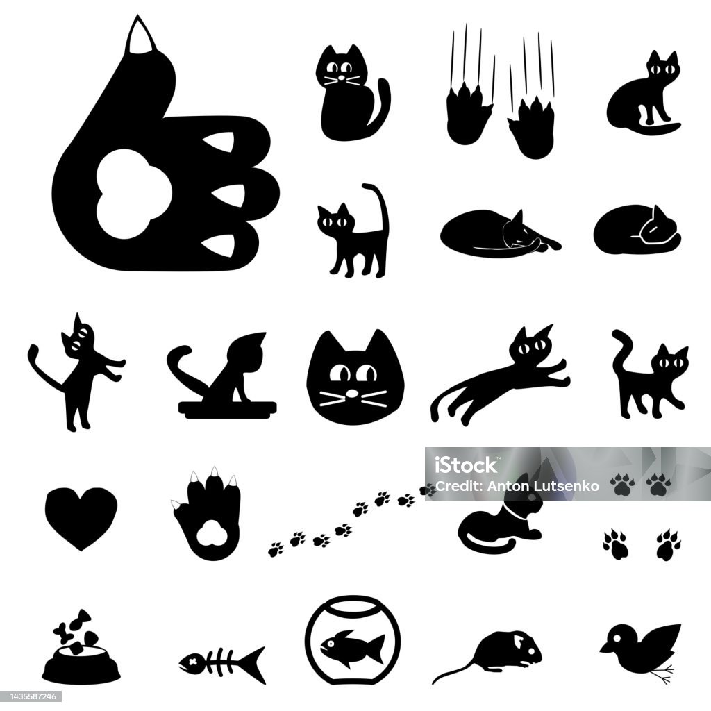 Cute Black Cat Icons Or Symbols Vector Set Collection Of Funny