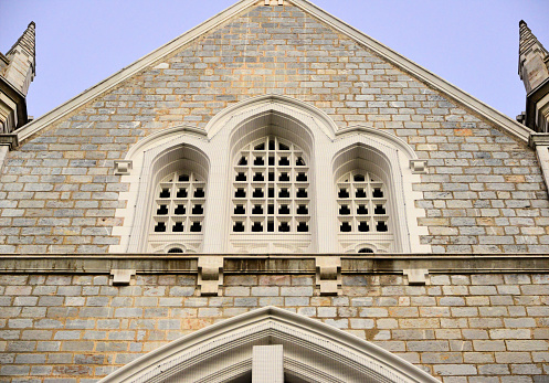 Port of Spain, Trinidad island, Trinidad and Tobago: Holy Rosary Catholic Church - limestone gable with triple Gothic window - Christian ecclesiastical architecture - corner of Park and Henry Streets.