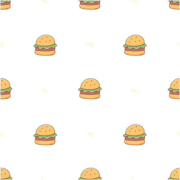 白い背景に落書きスタイルのハンバーガーが付いたシームレスなパターン。イラストの背景。 - white food and drink industry hamburger cheeseburger点のイラスト素材／クリップアート素材／マンガ素材／アイコン素材