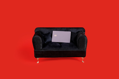 Modern living room luxury interior design mock up with dark red sofa and plant, empty dark gray wall mockup, living room interior background, 3d rendering