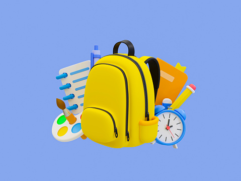 Overhead photo of Back to School Backpack and Supplies on a retro wood table