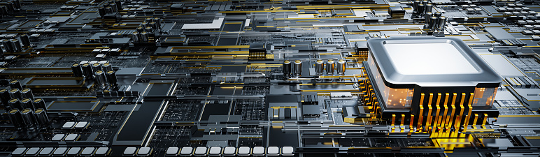 Computer circuit board or motherboard. Electron stream running from CPU concept, technology data transmission in electronic devices. Technology and communication concept. 3D rendering