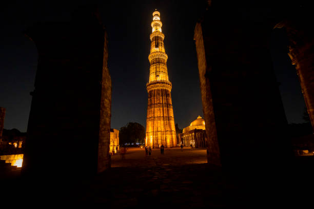 istock Qutub minar at night with lights 1435595738