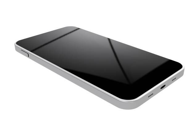 Mobile phone or smartphone turned off, black screen with reflection, silver metallic body, placed on a white background with clipping paht. 3D Rendering