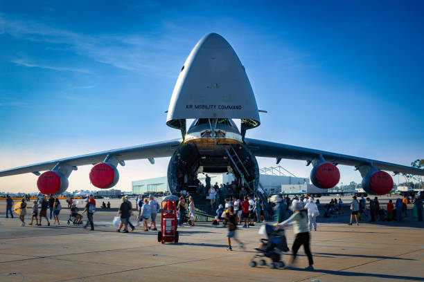C5 Galaxy on Display Miramar, California, USA - September 25, 2022: A C5 Galaxy on display, with the nose up, as people depart the last day of the 2022 Miramar Airshow. miramar air show stock pictures, royalty-free photos & images