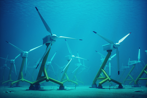 Underwater turbines for tidal power.