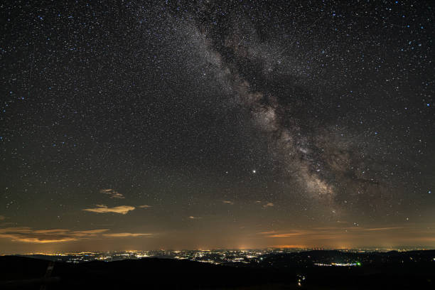 Milky way over illuminated city