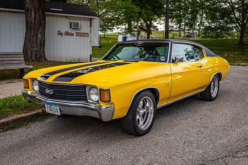 Des Moines, IA - July 01, 2022: High perspective front corner view of a 1972 Chevrolet Chevelle SS Hardtop Coupe at a local car show.