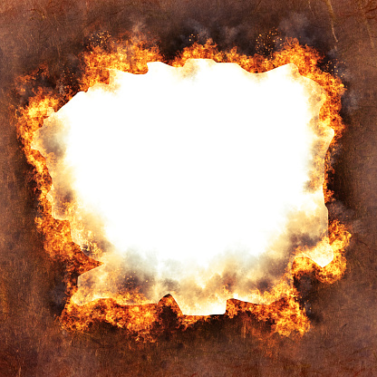 Fire licks at the edges of a hole in textured paper, forming a border of flames.