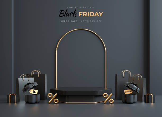 istock Black Friday geometric podium platform with black and gold stuff on a dark background for product display template in 3D illustration 1435604629
