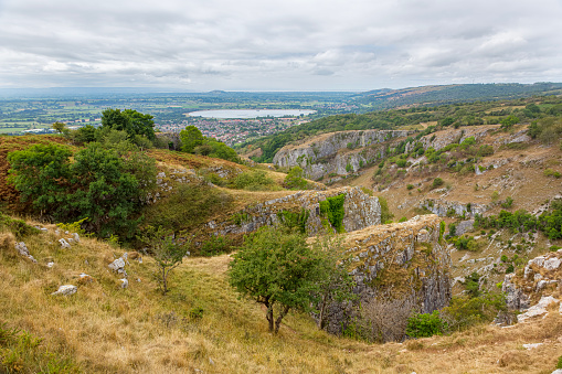 Elevated view of Cheddar Reservoir and Village from the top of the Cheddar Gorge in Somerset, England