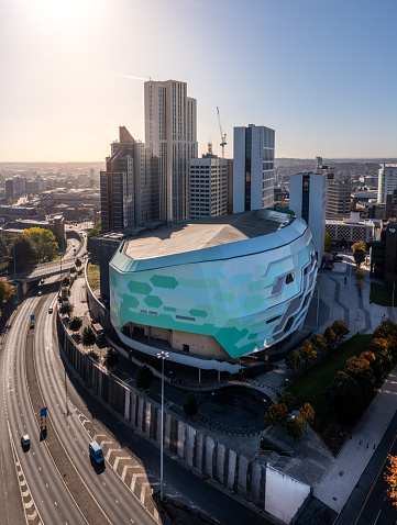 First Direct Arena, Leeds, UK - October 13, 2022.  An aerial view of The First Direct Arena in the Arena Quarter in a Leeds cityscape skyline