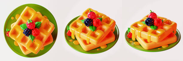 3d illustration of breakfast with juicy waffles sprinkled with honey, fruits on a white background.
