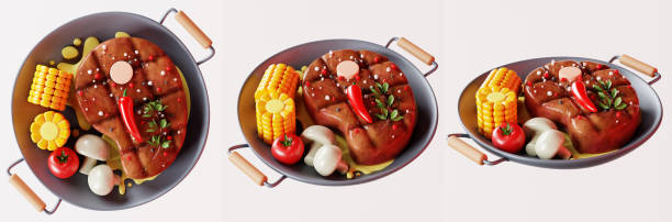 3d-illustration des abendessens, mit einem stück gegrilltem steak, mit tomaten, mais und pilzen auf weißem hintergrund. - food food and drink steak sauces stock-fotos und bilder