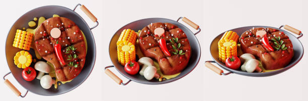 3d ilustração do jantar, com um pedaço de bife grelhado, com tomate, milho e cogumelos em um fundo branco. - food food and drink steak sauces - fotografias e filmes do acervo