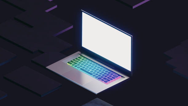 istock Game Laptop computer with glow color light on dark graphic background. isometric view image. 3D illustration rendering. 1435610007