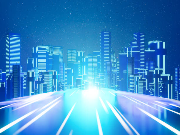 istock 3D dark blue city with light reflection background for technology concept. 3D illustration rendering. 1435610133