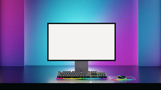 istock Game computer desktop with blue purple lights on the background, Modern PC computer white screen mockup, gaming keyboard. 3d rendering illustration 1435610160