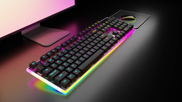 istock Gaming mechanical keyboard light led with mouse and monitor on black table. 3D illustration rendering image. 1435610161