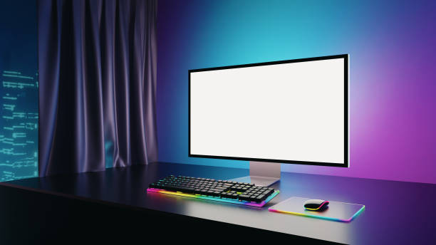 istock Game room computer desktop with blue pink lights on the background, Modern PC computer white screen mockup, gaming keyboard. 3d rendering illustration 1435610164