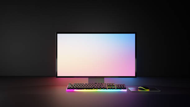 istock Dark room gamer computer desktop with RGB lights. PC computer light screen mockup, gaming keyboard. 3d rendering illustration 1435610167