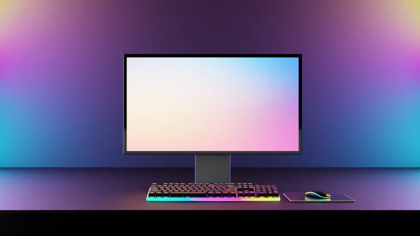 背景にrgbライトを持つゲーマーコンピューターのデスクトップ、最新のpcコンピューターの白い画面のモックアップ、ゲームキーボード。3dレンダリングイラスト - gaming systems ストックフォトと画像
