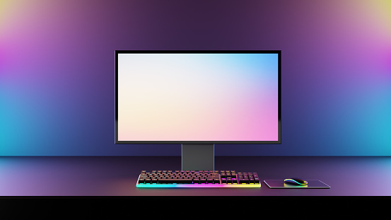 Gamer computer desktop with RGB lights on the background, Modern PC computer white screen mockup, gaming keyboard. 3d rendering illustration