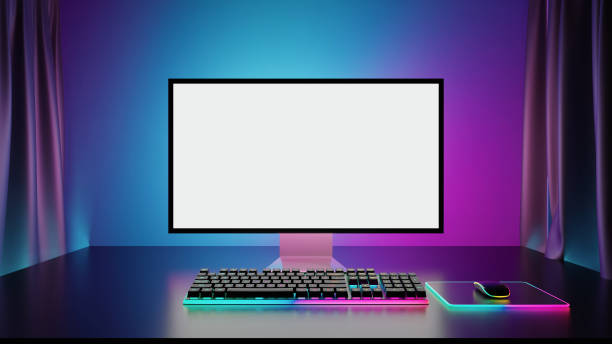 desktop de computador da sala de jogos com luzes roxas azuis no fundo e cortina, maquete de tela branca do computador moderno do pc, teclado de jogo. ilustração de renderização 3d - gaming systems - fotografias e filmes do acervo