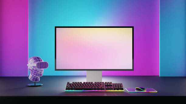istock Gamer computer desktop with RGB lights on the background, Modern PC computer white screen mockup, gaming keyboard. 3d rendering illustration 1435610171