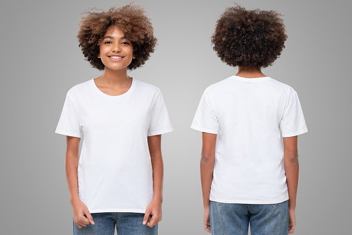Front and back view of african girl wearing blank t-shirt with copy space on gray background