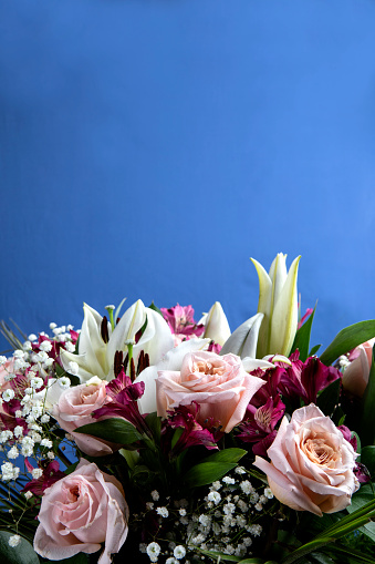 A large bouquet of flowers on a blue background